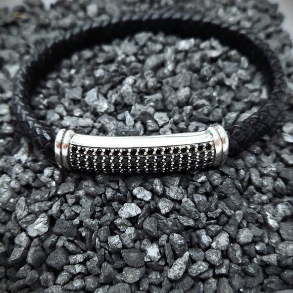 Effy Other - Effy Mens Black Spinel & Leather Bracelet